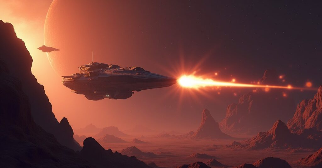 A small starship firing on a hostile scout near an asteroid in Star Trek Fleet Command