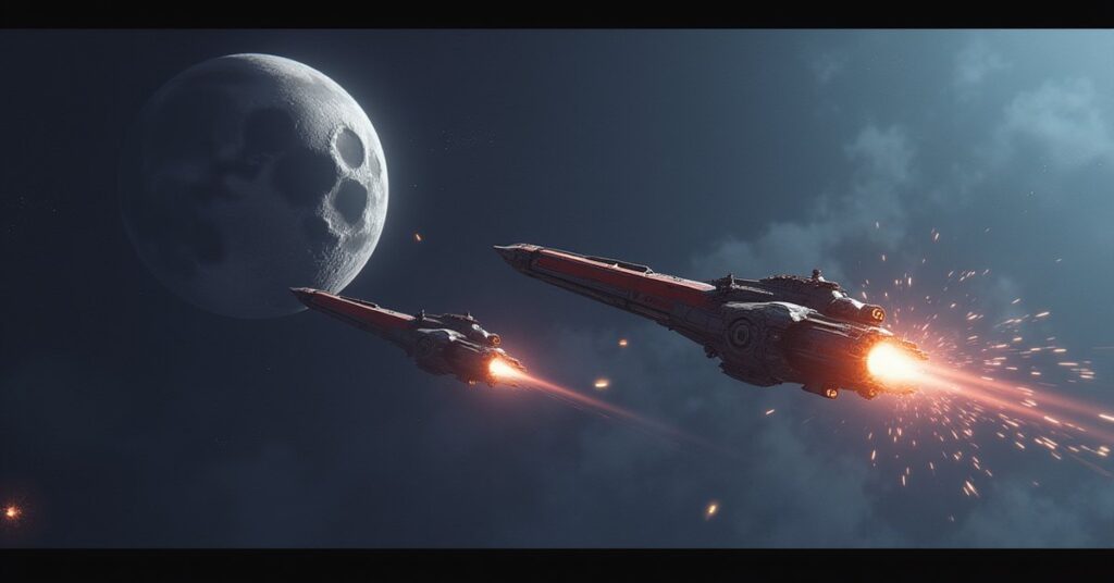 A small starship dueling a hostile raider near a moon in Star Trek Fleet Command