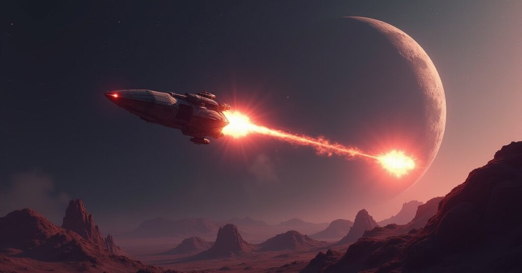 A small starship firing on a hostile raider near a rocky moon in Star Trek Fleet Command