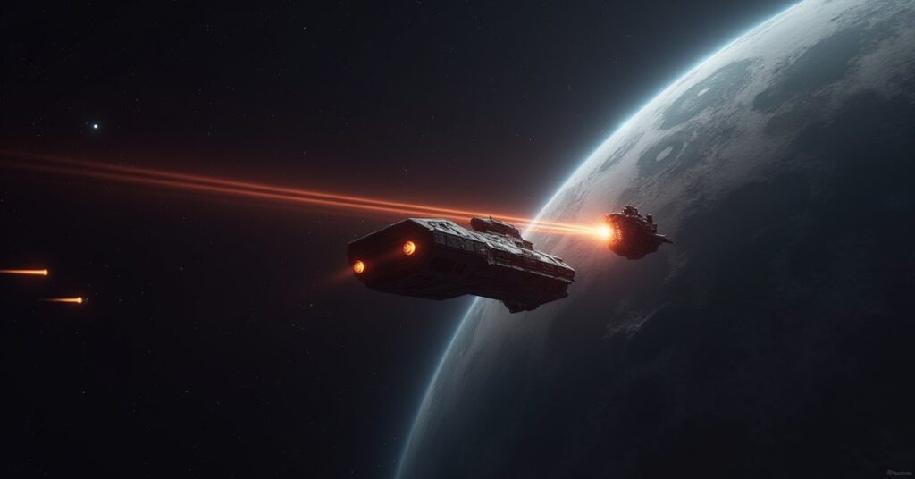 A small starship defeating a hostile raider near a ringed planet in Star Trek Fleet Command