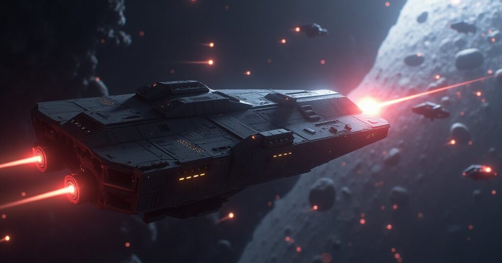 A starship firing on hostile ships near asteroids in Star Trek Fleet Command