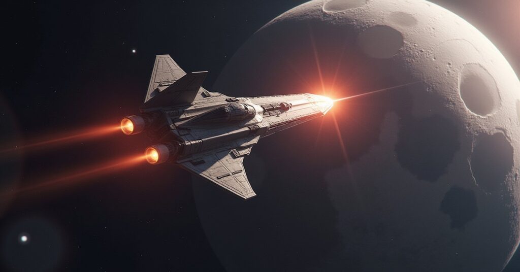 A small starship dueling a hostile captain's ship above a cratered moon in Star Trek Fleet Command