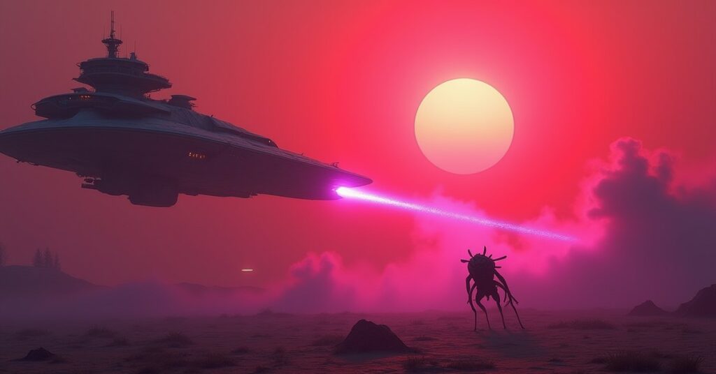 A starship fires a vapor countermeasure at an insectoid alien ship under a red sun in Star Trek Fleet Command