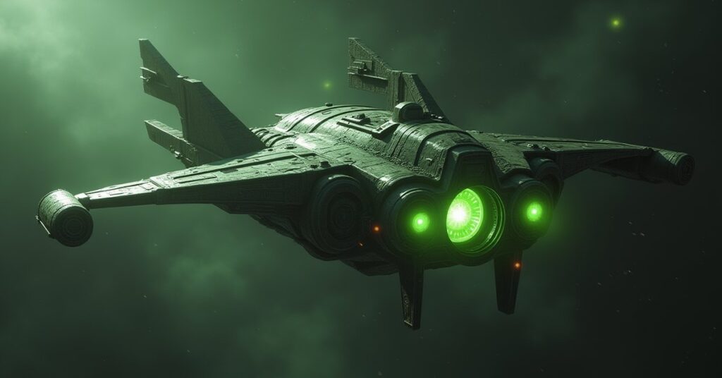 A Romulan ship with Borg implants confronting another warbird in Star Trek Fleet Command