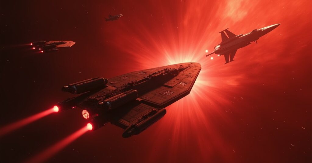 A Klingon warship shielding repair ships from Romulan attackers in Star Trek Fleet Command