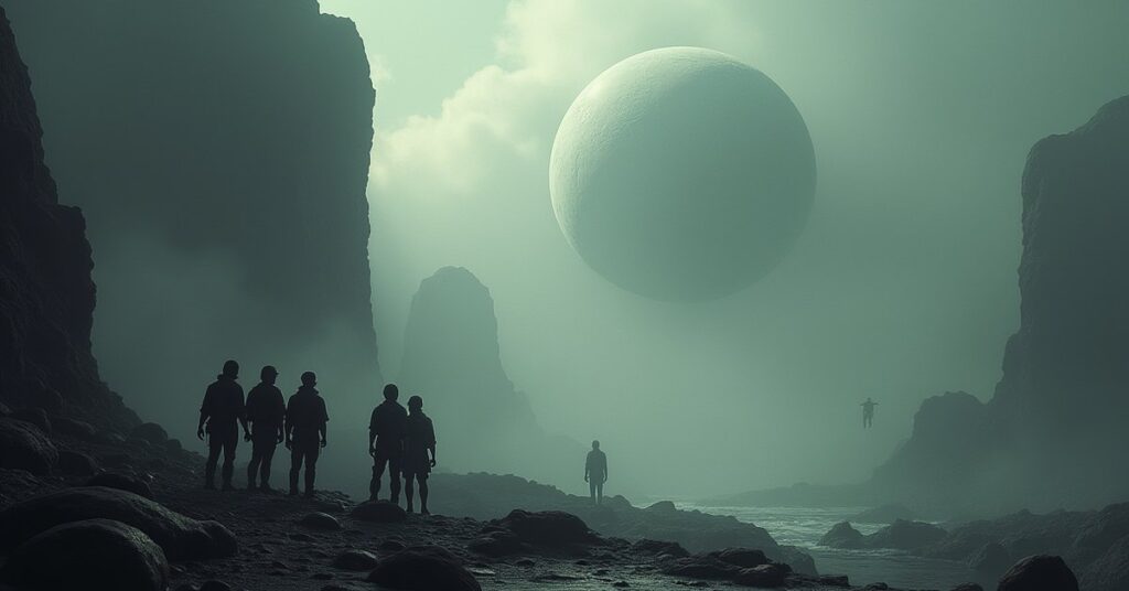 Young cadets beaming down to a misty alien planet while pirate ships lurk in orbit