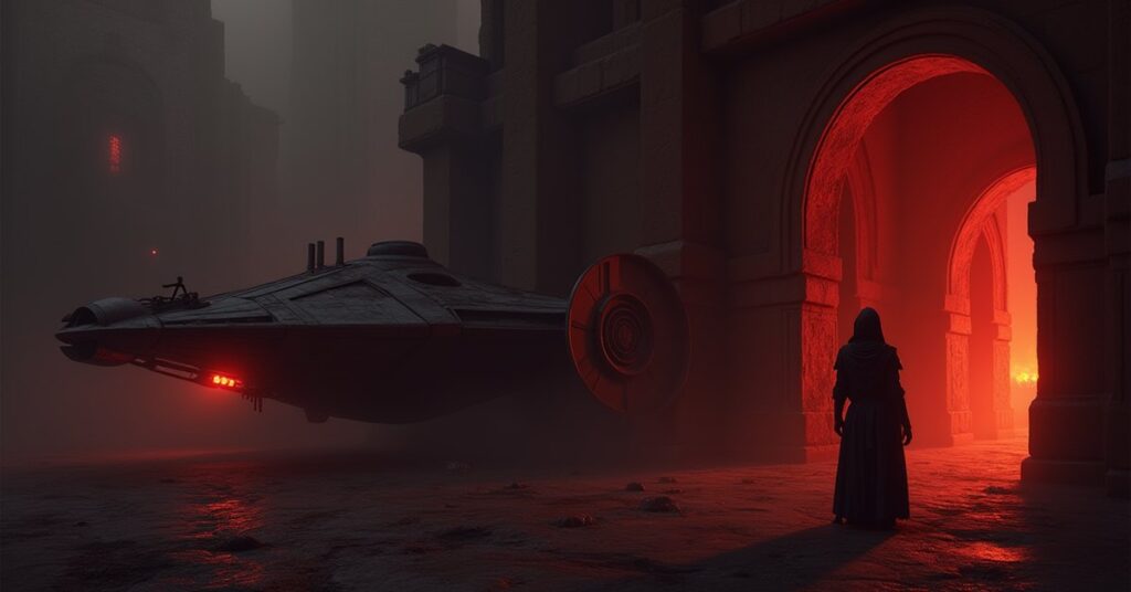 A Klingon ship beside a red-lit outpost where a warrior waits in Star Trek Fleet Command