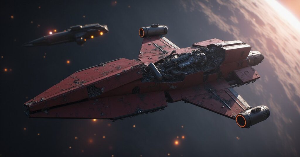 A small starship recovering a glowing fragment from Klingon scout wreckage near a station in Star Trek Fleet Command