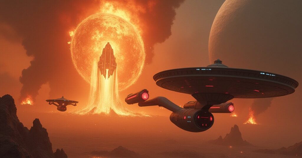 A Federation starship approaching a fiery temple station guarded by two godships