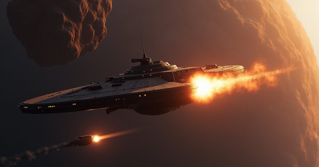 A small starship trading fire with a security ship near a hidden asteroid outpost