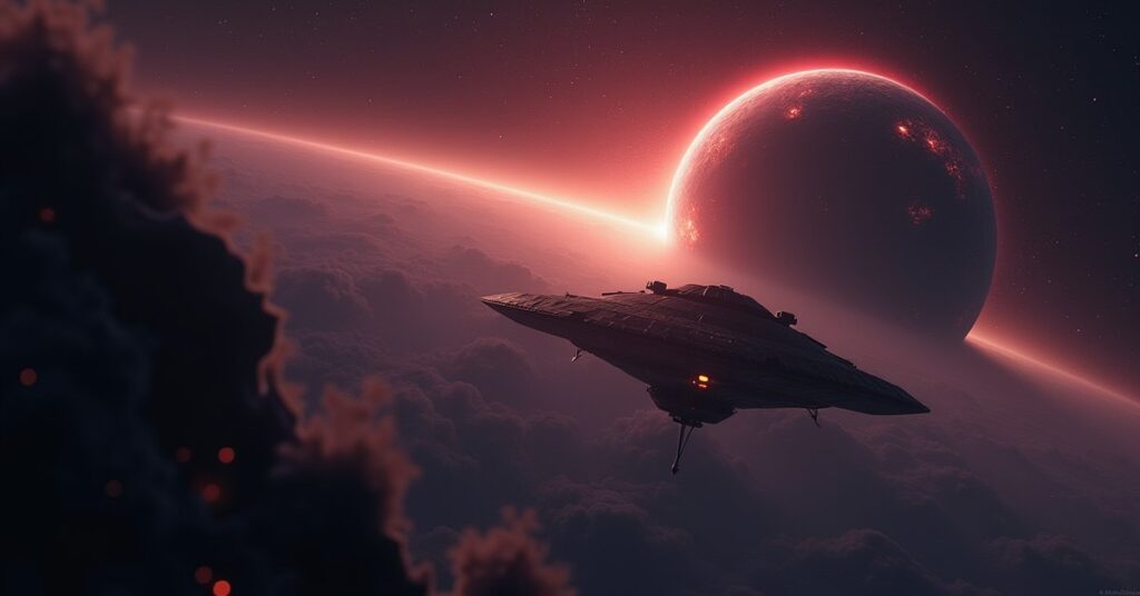 The Enterprise orbiting an alien world near a supernova remnant as a shuttle descends