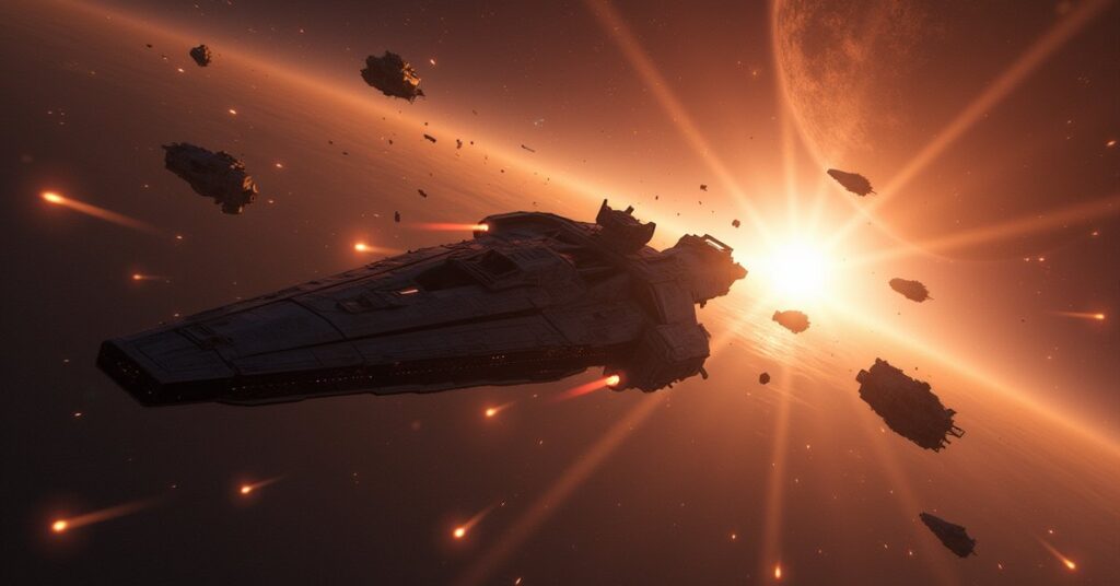 A starship fighting through a wave of hostile raiders near a bright star in Star Trek Fleet Command