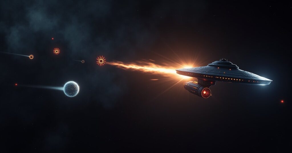 A Federation starship fighting Suliban cell ships in Star Trek Fleet Command