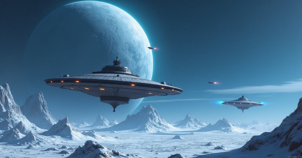 A Romulan starship investigates a hidden lab on an icy moon as an unknown ship powers weapons