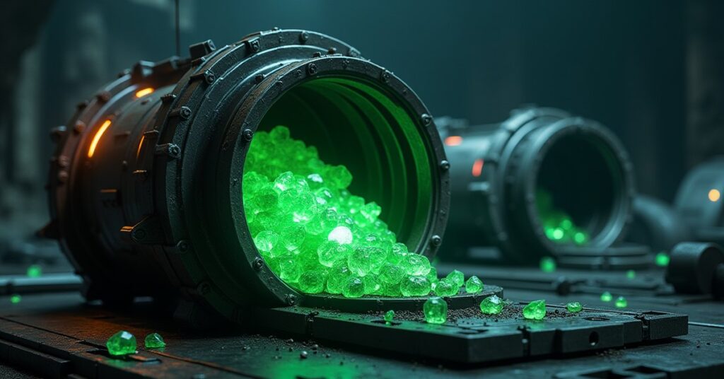 A space station storage module being filled with glowing green crystals in Star Trek Fleet Command