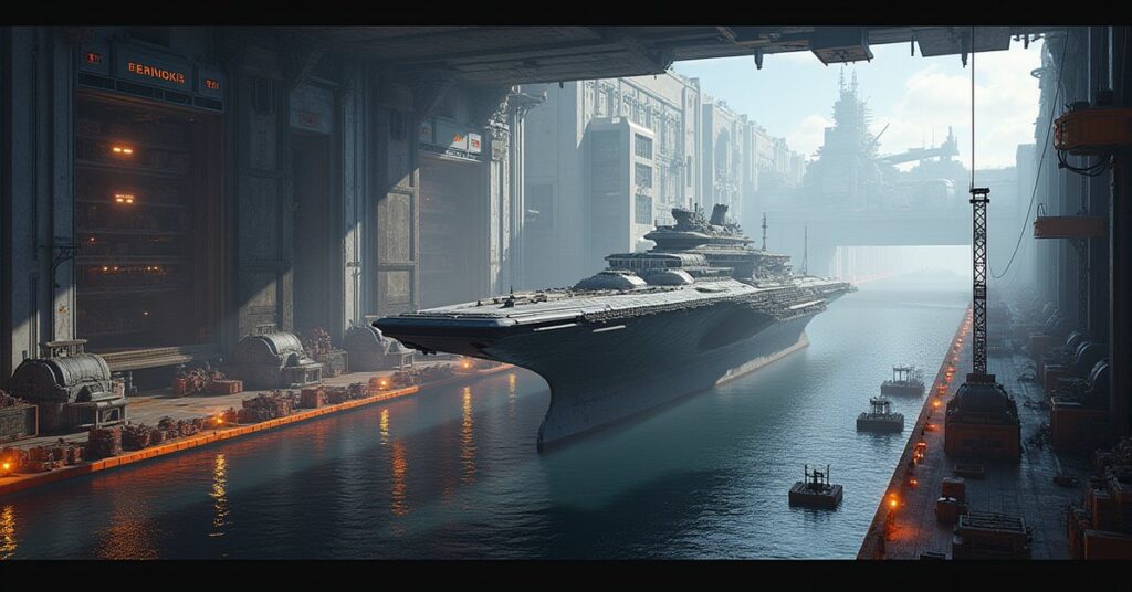 A new drydock being built beside a space station with a ship waiting nearby in Star Trek Fleet Command
