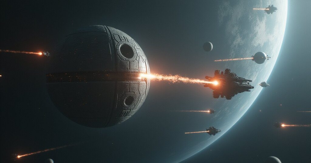 A Borg Sphere and an allied fleet firing a beam at a planet-sized Borg machine in an assimilated star system