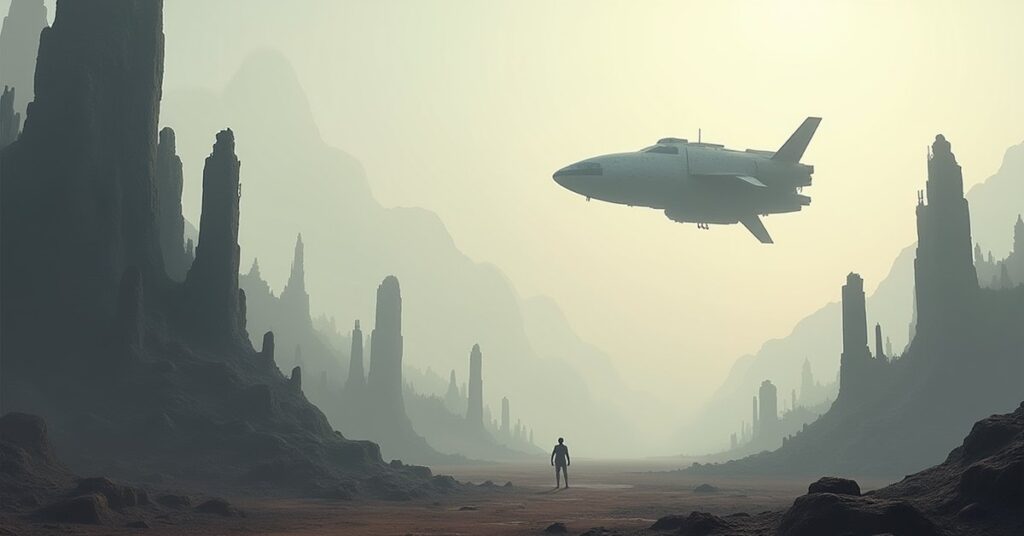 An away team shuttle descending toward ancient alien ruins with a starship in orbit in Star Trek Fleet Command