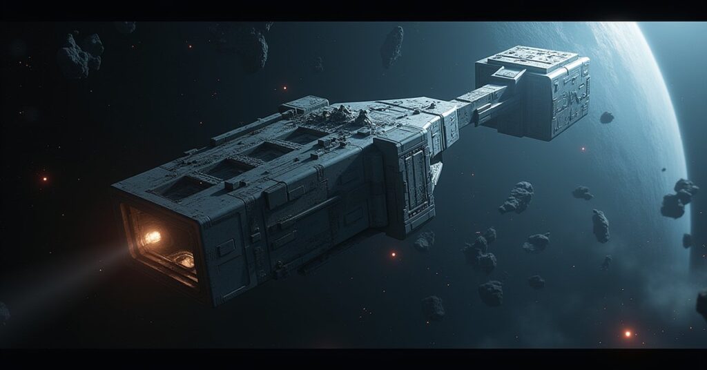 A starship tows the wrecked U.S.S. Adelphi away from a Borg Cube, with Deep Space Nine in the background