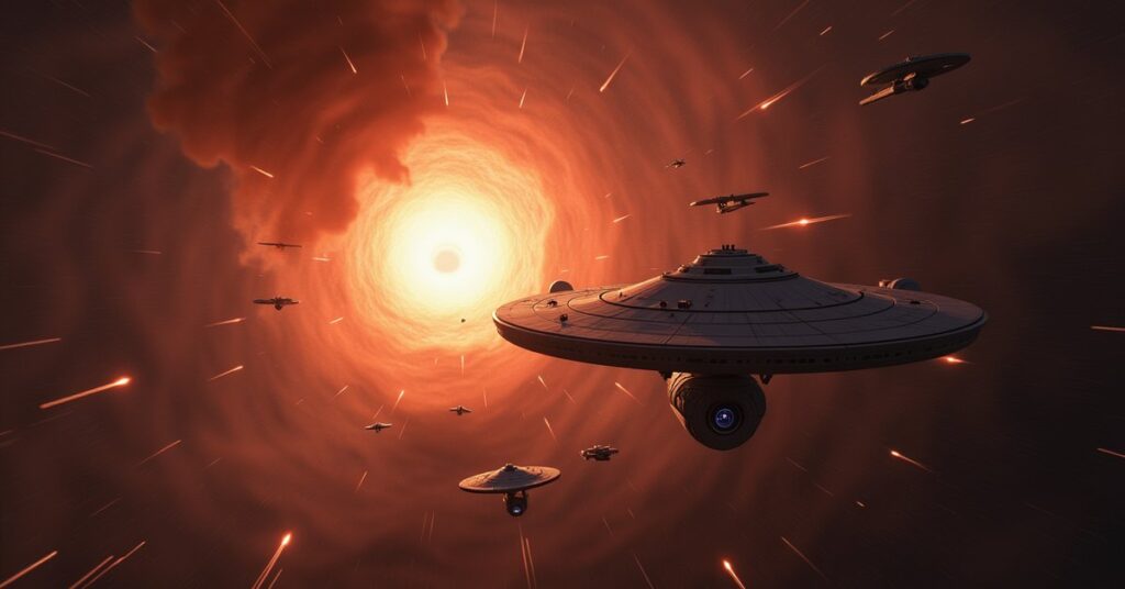 The Enterprise fights Cult ships as two starships emerge from a glowing wormhole in Star Trek Fleet Command