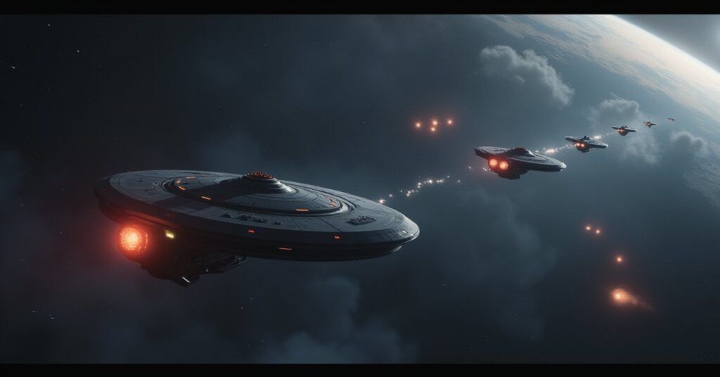 Two starships facing a line of mercenary ships near a silent colony in Star Trek Fleet Command