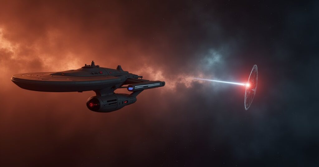 A Starfleet ship tracking a mysterious vessel into a nebula in Star Trek Fleet Command
