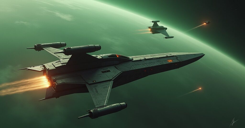 A Klingon warship bombarding a Romulan station near a defeated warbird in Star Trek Fleet Command