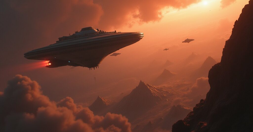 A Ferengi ship decloaks above a small colony as a starship moves between them