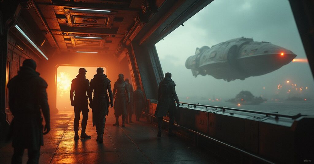 A starship rescues a wounded survivor near a burning Hirogen ship as alien bio-ships loom in the distance