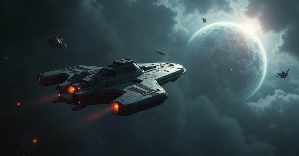 A Starfleet survey ship above a stormy planet in Rogue space as hostile Dal fighters close in