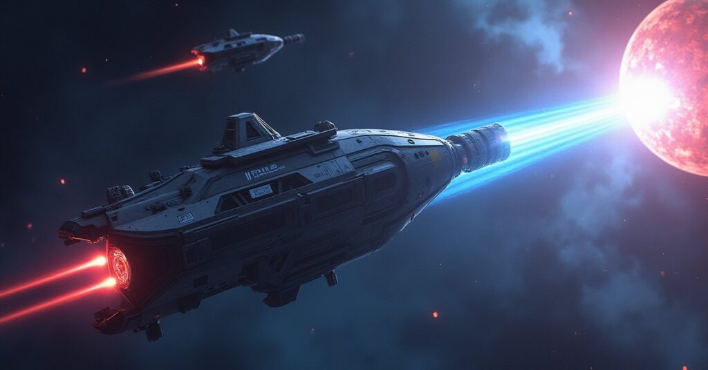 An Orion Syndicate cruiser receiving data canisters from a starship above a neon-lit planet