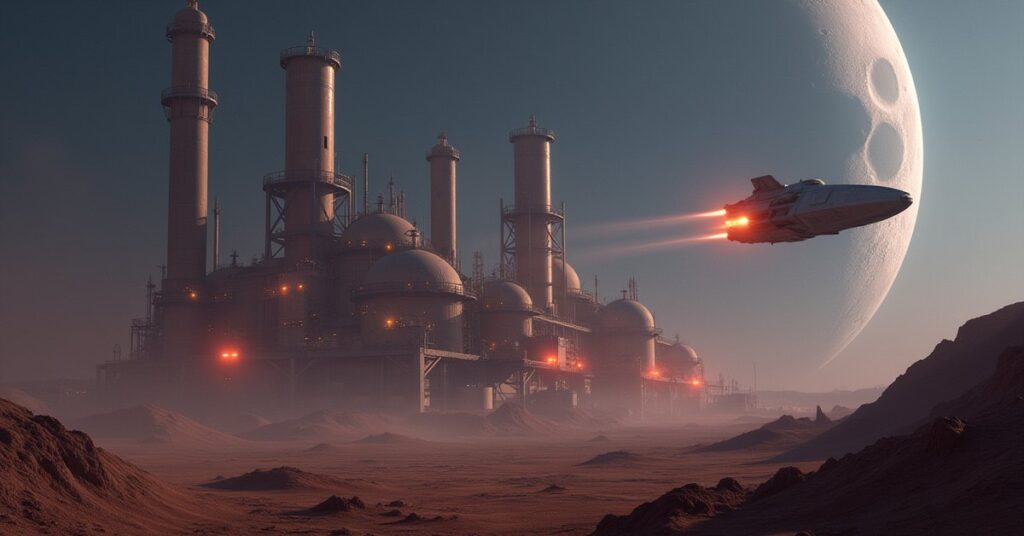 A quarantined refinery with flashing emergency lights as a guard ship blocks an approaching starship