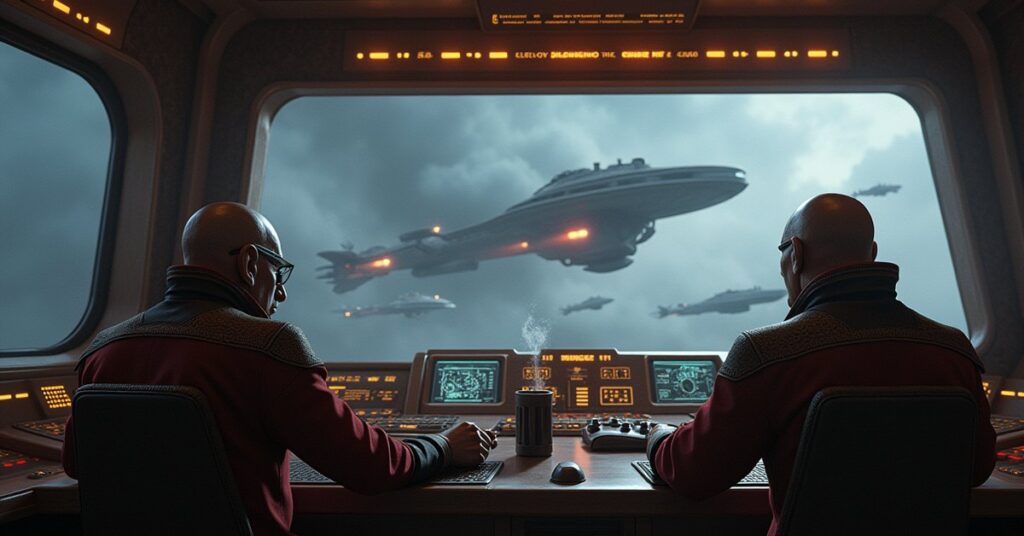 Damaged Klingon cruisers defended by an independent ship against raiders in Star Trek Fleet Command