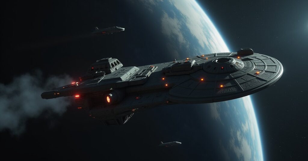 A cloaking Romulan ship near a Klingon station with a cruiser closing in in Star Trek Fleet Command