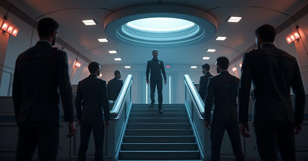 A new officer stepping onto a starship bridge as the crew turns to greet them in Star Trek Fleet Command