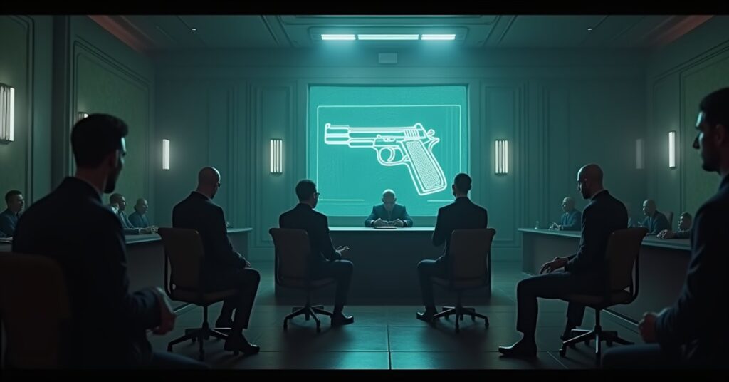 A defence team presenting holographic evidence in an alien courtroom aboard a Forsaken station