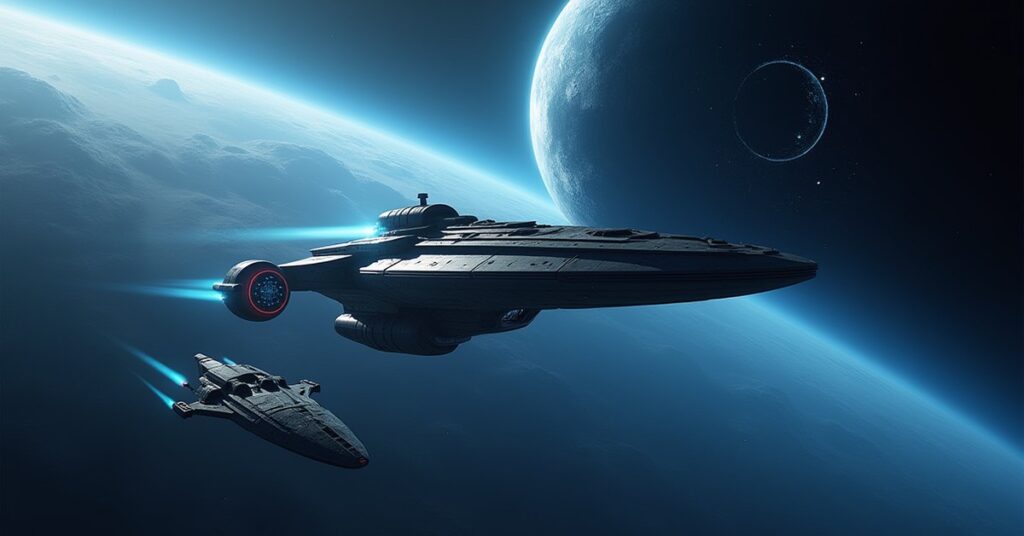 A starship escorting a Klingon science vessel past a cracked moon in Star Trek Fleet Command