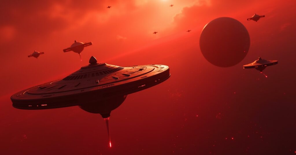 A starship escorting a Klingon leader's ship toward a gathering of warships in Star Trek Fleet Command