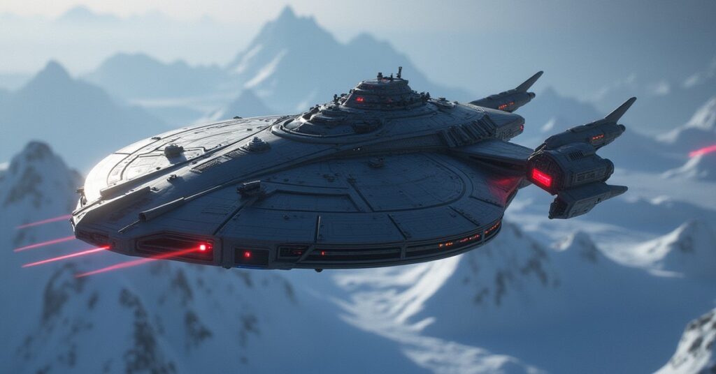 A Klingon warship capturing a dark vessel in a tractor beam above an icy planet in Star Trek Fleet Command