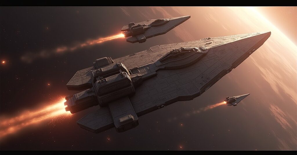 The Enterprise and a Klingon fleet firing together on a House Hurak flagship above a planet