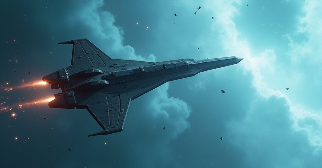 A starship dueling a Takret warship against a pale blue nebula in Star Trek Fleet Command