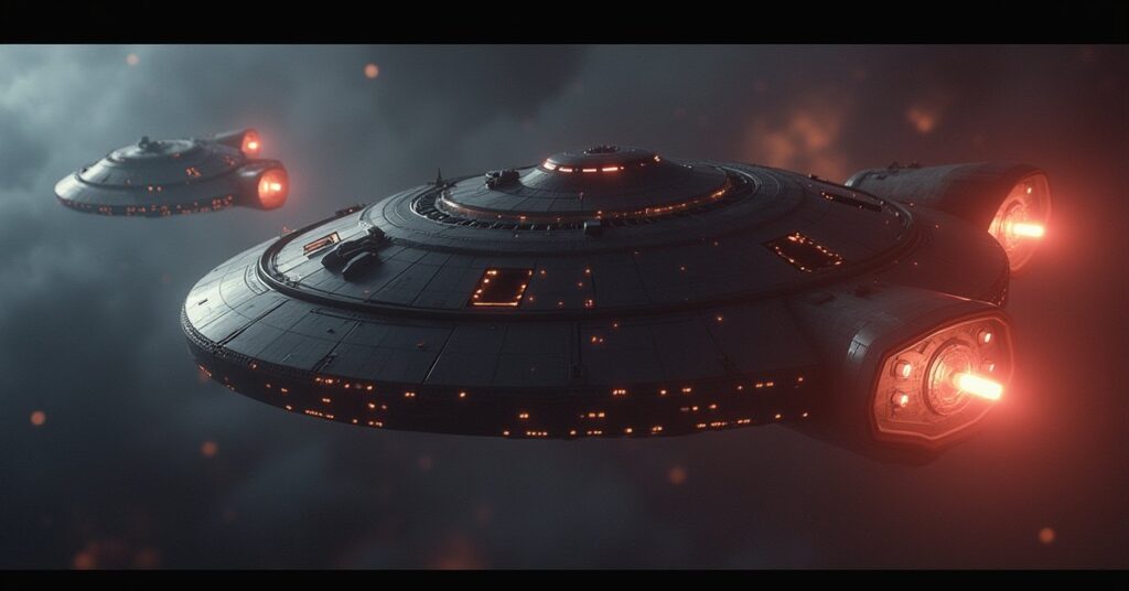 A starship protecting a damaged transport from Klingon ships as rescue shuttles flee in Star Trek Fleet Command