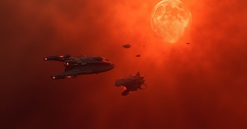 A starship arriving at damaged Klingon warships near a distress beacon in Star Trek Fleet Command