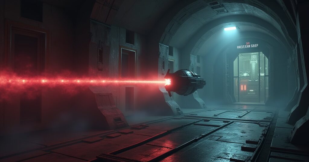 A starship tractor beam locking onto a glowing Surgewalker vessel near a Section 31 facility