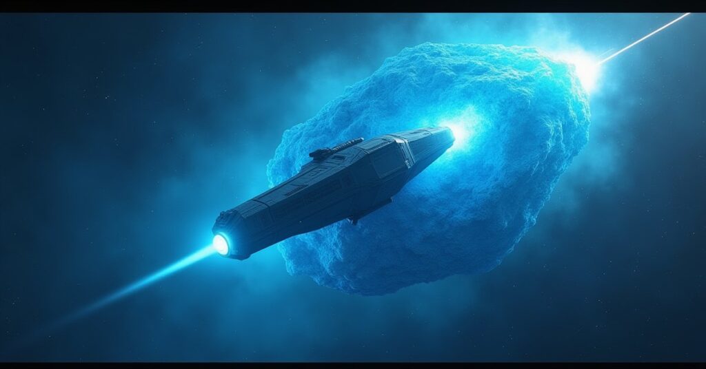 A survey starship mining a glowing blue crystal asteroid in Star Trek Fleet Command