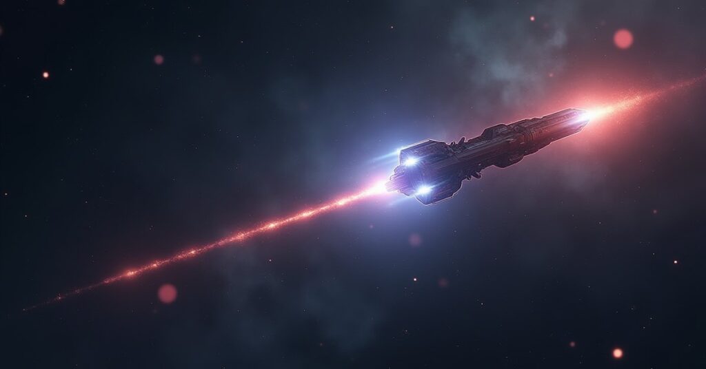 A starship following a glowing alien vessel through a nebula in Star Trek Fleet Command