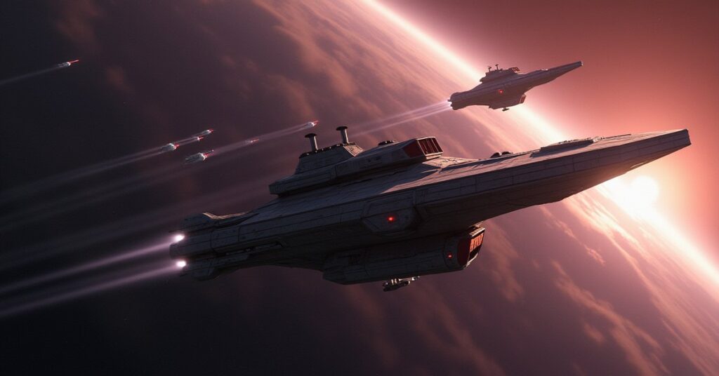Andorian and Federation ships charging a rebel flagship in Star Trek Fleet Command