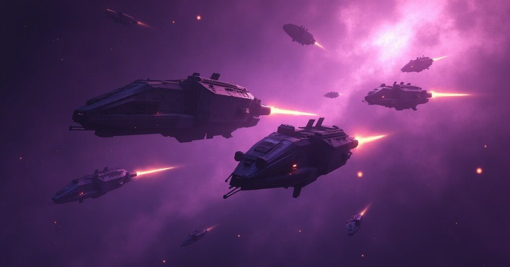 A starship ambushing armored cargo ships in a violet nebula in Star Trek Fleet Command