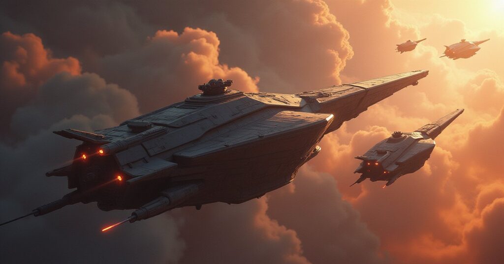 A starship leading a squadron of Andorian ships into battle against Suliban raiders in Star Trek Fleet Command