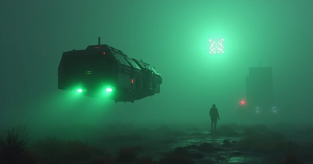 A shuttle delivering glowing cybernetic fragments to a planet outpost in Star Trek Fleet Command